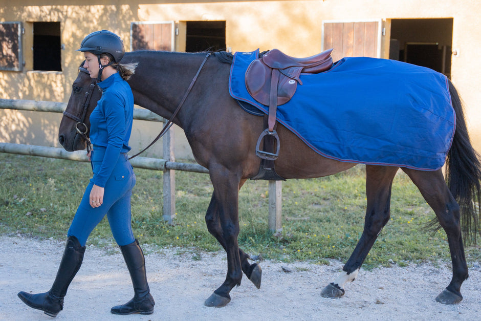 Person in riding gear leading a horse covered with a blue exercise sheet