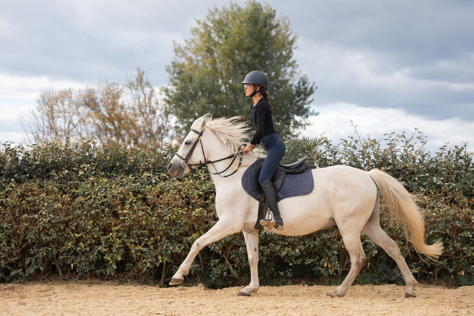 A person riding a white horse in a sandy area, with a hedge and trees in the background